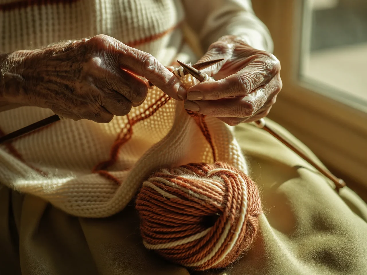 Mani anziane che lavorano a maglia una sciarpa crema e terracotta con ferri in legno